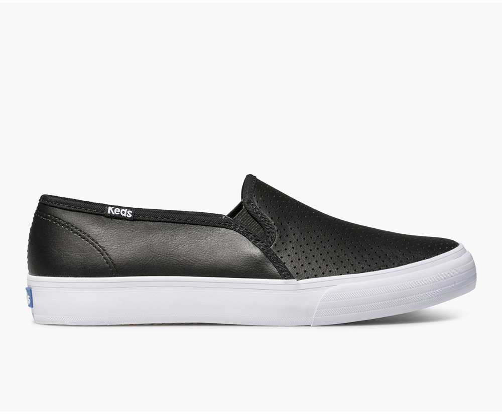 Slip On Γυναικεια - Keds Double Decker Perf Δερματινα - Μαυρα - KRPHZ8601